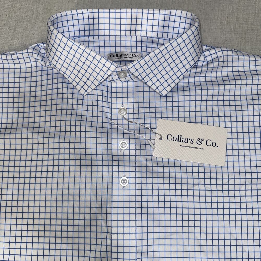Collars and Co Golf Polo White Checks AOP Size Large Relaxed Preppy NWT